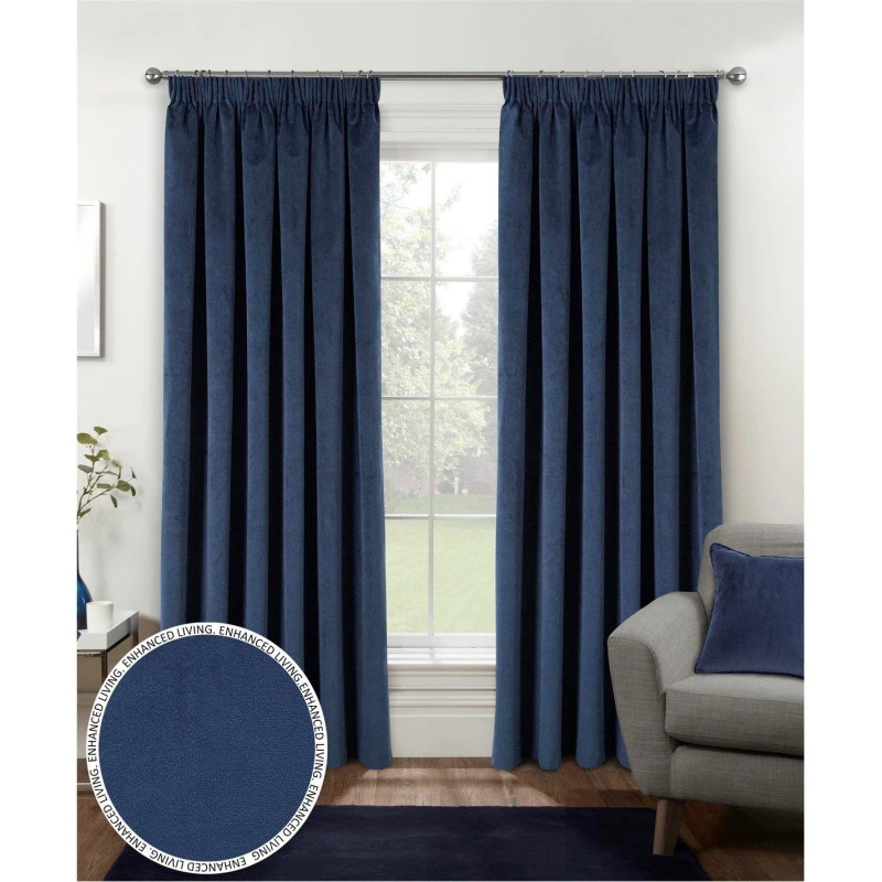 Image of Enhanced Living Velvet, Supersoft, 100% Blackout, Thermal Pair of Curtains with Tape Top Blue