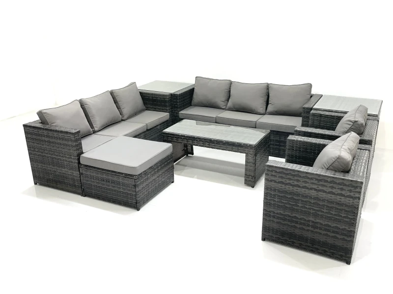 Image of Fimous Rattan Garden Furniture Sofa Set with Coffee table Armchair 2 Side Tables Big Footstool Dark Grey Mixed Dark Grey