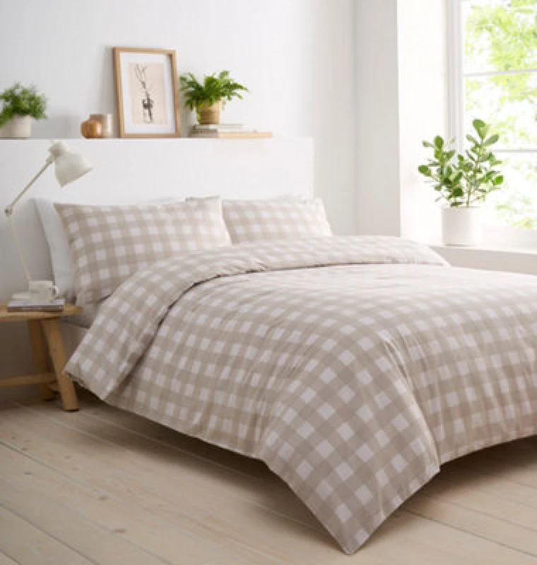 Image of Portfolio Home Gingham Check Natural Single Soft Easy Care Bed Linen Bedding Duvet Cover Quilt Set With Pillow Case