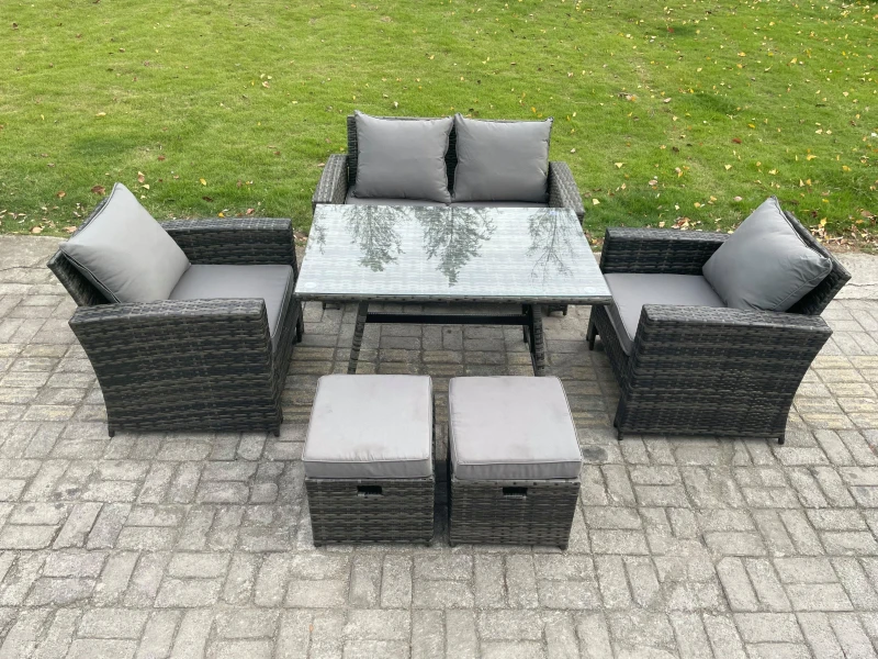 Image of Fimous 6 Seater Outdoor Garden Furniture High Back Rattan Sofa Dining Table Set with 2 Small Footstools Dark Grey Mixed Dark Grey Unisex