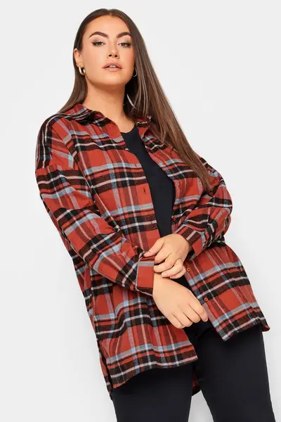 Image of Yours Check Brushed Oversized Boyfriend Shirt Orange