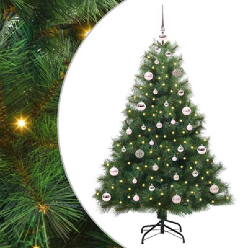 Image of vidaXL Artificial Christmas Tree with 150 LEDs, Pink Balls Green 150 x 94cm PE and PVC, Green 3397772