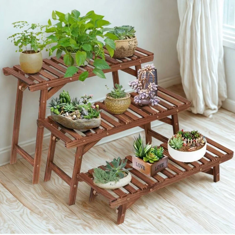 Image of FURNOS 3 Tier Bamboo Indoor Outdoor Living Room Step Plant Stand in Brown Brown Unisex