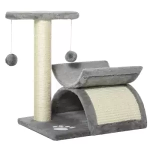 Image of PawHut Plush Cat Tree Scratcher - Kitty Activity Play Centre Tunnel W/ Dangling Balls - Grey