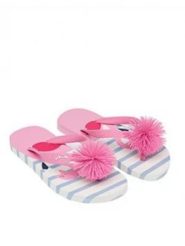 Image of Joules Girls Flamingo Pom Pom Flip Flops - White, Size 2 Older