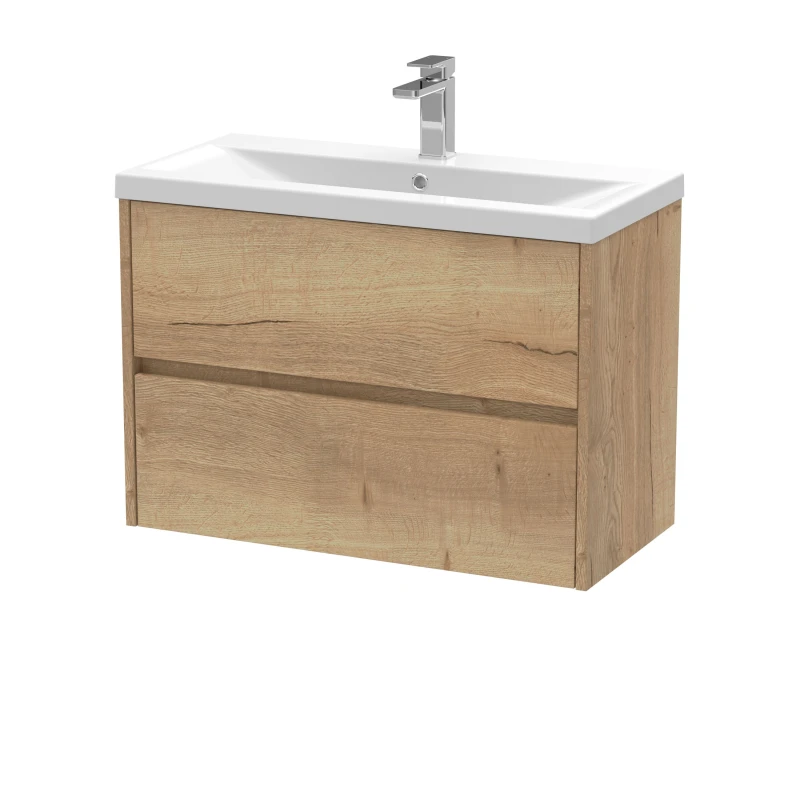 Image of Balterley Square Wall Hung 2 Drawer Vanity Unit & Basin, 800mm Autumn Oak Brown