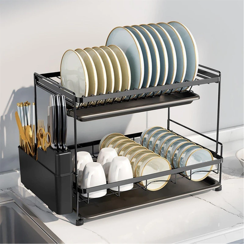 Image of Cottonfy UK 2-Tier Metal Dish Drainer Rack with Utensil Holder - Black M