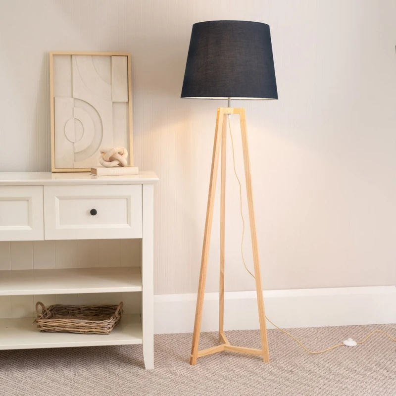 Image of ValueLights Lottie Natural Wood Tripod Floor Lamp with Fabric Tapered Shade Black