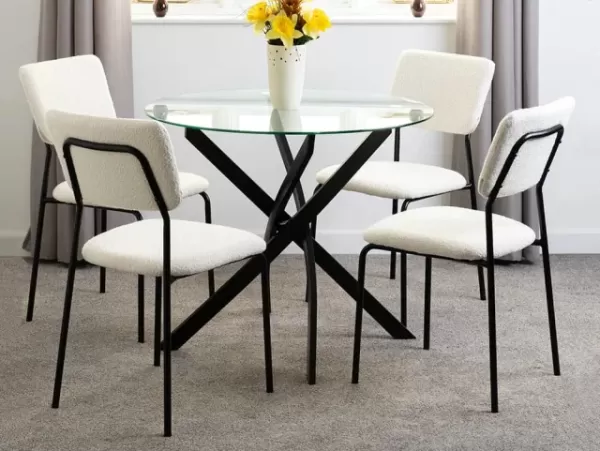 Image of Seconique Sheldon Glass and Black Dining Table and 4 Ivory Boucle Fabric Chairs