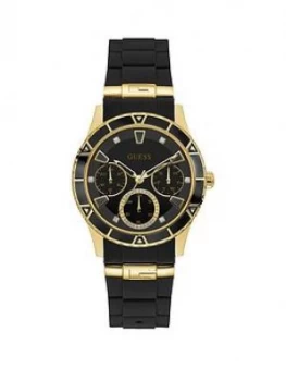 Image of Guess Guess Valencia Black And Gold Detail Multi Dial Black Silicone Strap Watch
