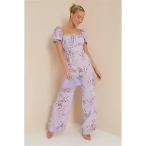 Image of I Saw It First Lilac Floral Print Milkmaid Wide Leg Jumpsuit - Purple