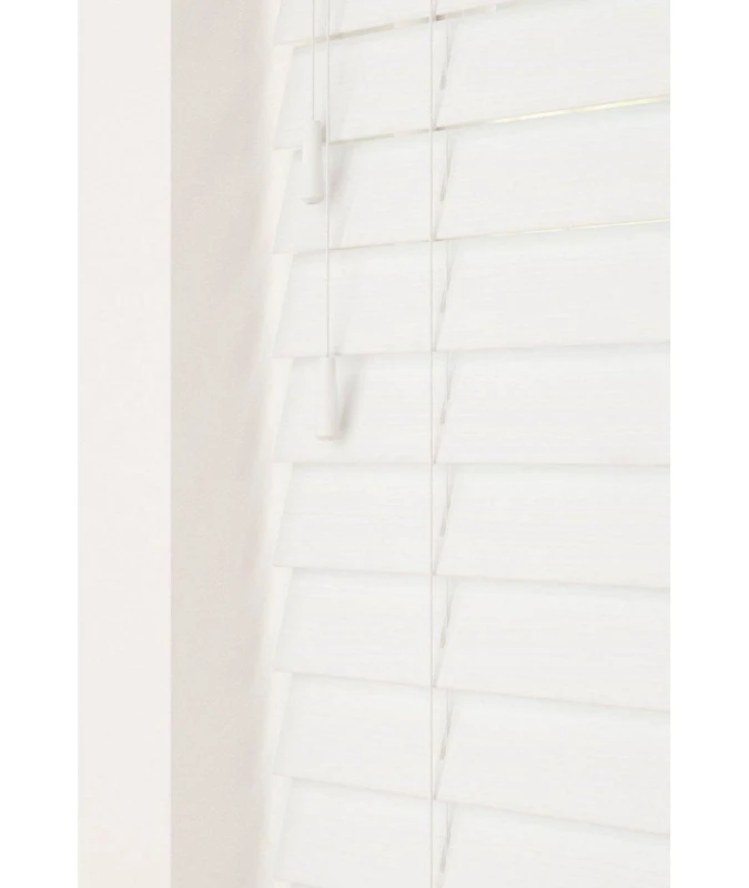 Image of New Edge Blinds Serene 50mm Fine Grain Slatted Faux Wood Venetian Blinds with Strings 120cm Drop in Ecru Size: 90cm width x 130cm drop Ecru Unisex