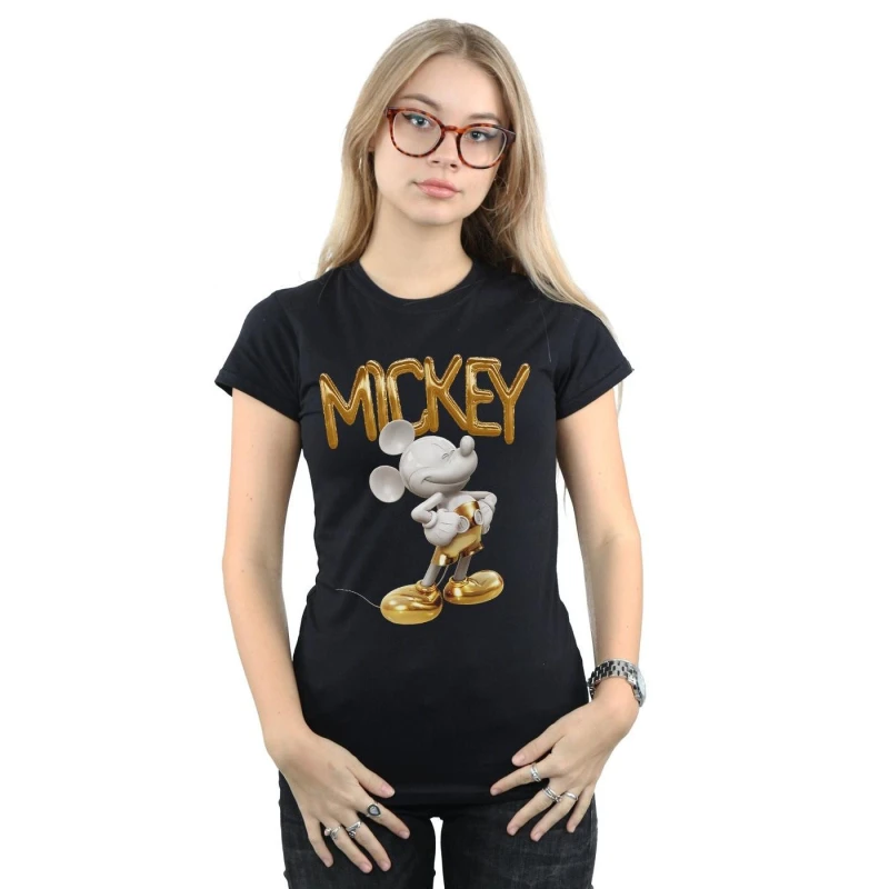 Image of Disney Mickey Mouse Gold Statue Cotton T-Shirt Black female