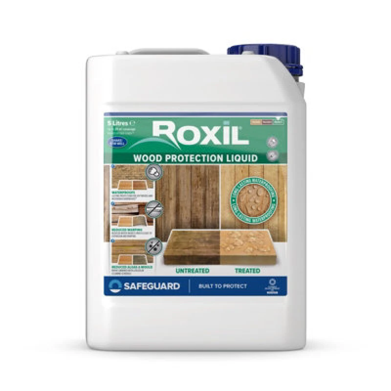 Image of Roxil Wood Waterproofing Liquid (5L Clear) Wood Preserver Outdoor, Wood Sealer For Decking, Fence, Sheds And Furniture