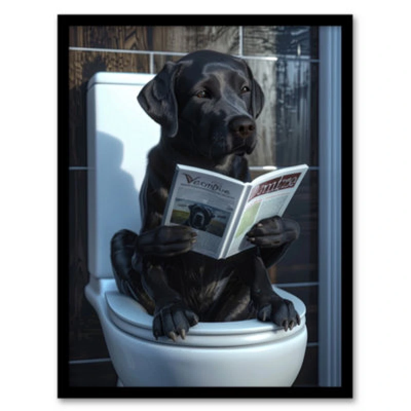 Image of Artery8 Dog Lover Funny Black Labrador Reading Toilet Bathroom Framed Wall Art Print