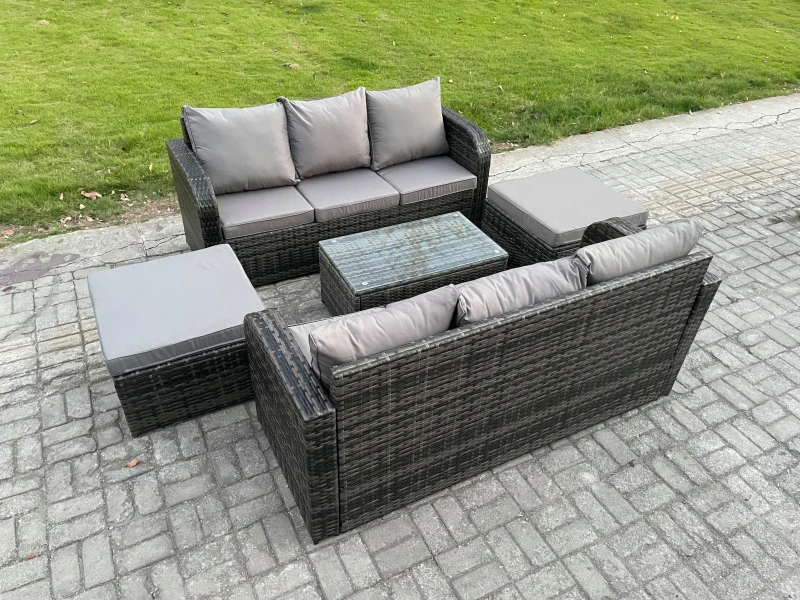 Image of Fimous Outdoor Garden Furniture Sets 8 Seater Wicker Rattan Furniture Sofa Sets with Rectangular Coffee Table 3 Seater Sofa 2 Big Footstool Dark Grey