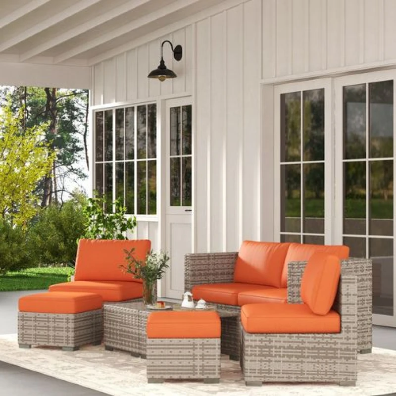 Image of Outsunny 8pc Outdoor Patio Furniture Set Weather Wicker Rattan Sofa Chair Orange 860-099V70OG