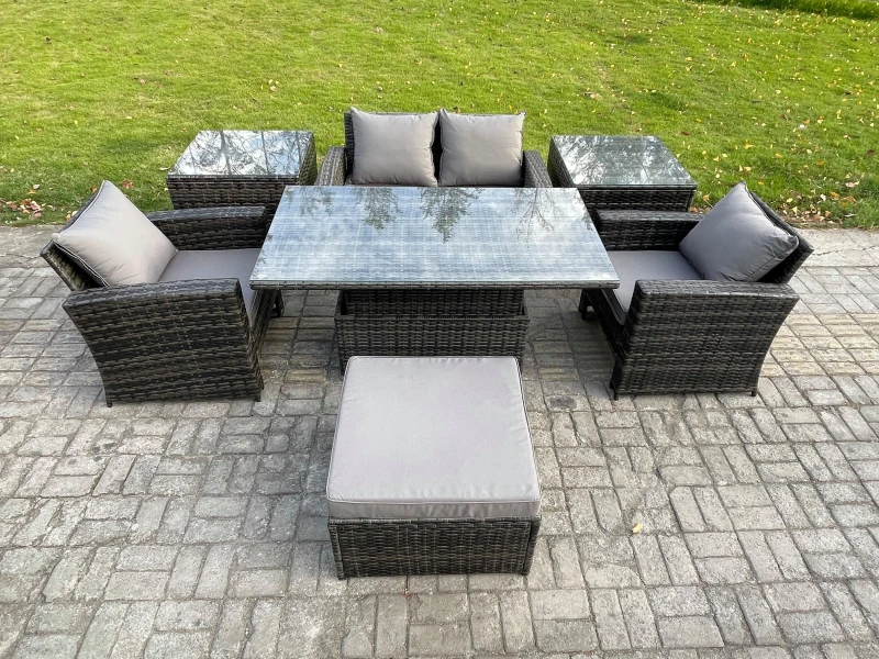 Image of Fimous Outdoor Garden Dining Sets Rattan Patio Furniture Sofa Set with Rising Lifting Table 2 Side Tables in Dark Grey Dark Grey Unisex