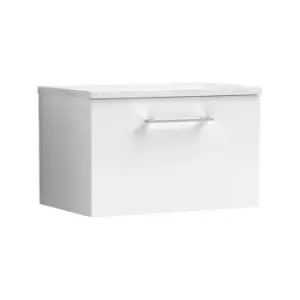 Image of Nuie Arno Gloss White 600mm Wall Hung Single Drawer Vanity Unit with Sparkling White Laminate Worktop - ARN122LSW - Gloss White