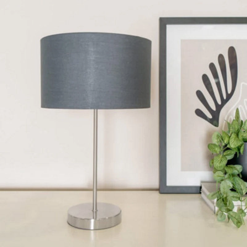 Image of ValueLights ValueLights Charlie Fabric Drum & Chrome Inner Shade Chrome Stem Table Lamp & Bulb in Charcoal Charcoal One Size Unisex 5059406060649