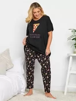 Image of Yours Yours Pizza My Heart Short Sleeve Tapered Pj Set, Black, Size 30-32, Women