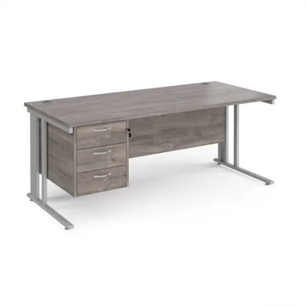 Image of Maestro 25 straight desk 1800mm x 800mm with 3 drawer pedestal - silver cable managed leg frame, grey oak top