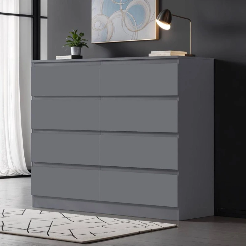 Image of FWStyle 8 Drawer Chest Of Drawers Dark Matt Grey Bedroom Storage Furniture Dark Grey