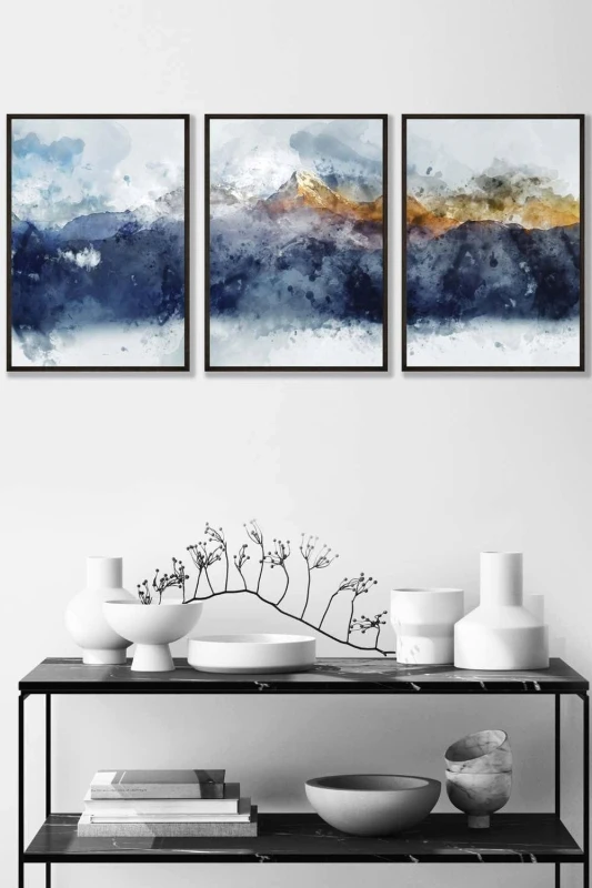 Image of ARTZE Abstract Navy Blue & Yellow Mountains Framed Wall Art - Medium in Black Size: W45cm x H62cm x D20mm Black Unisex W45cm x H62cm x D20mm