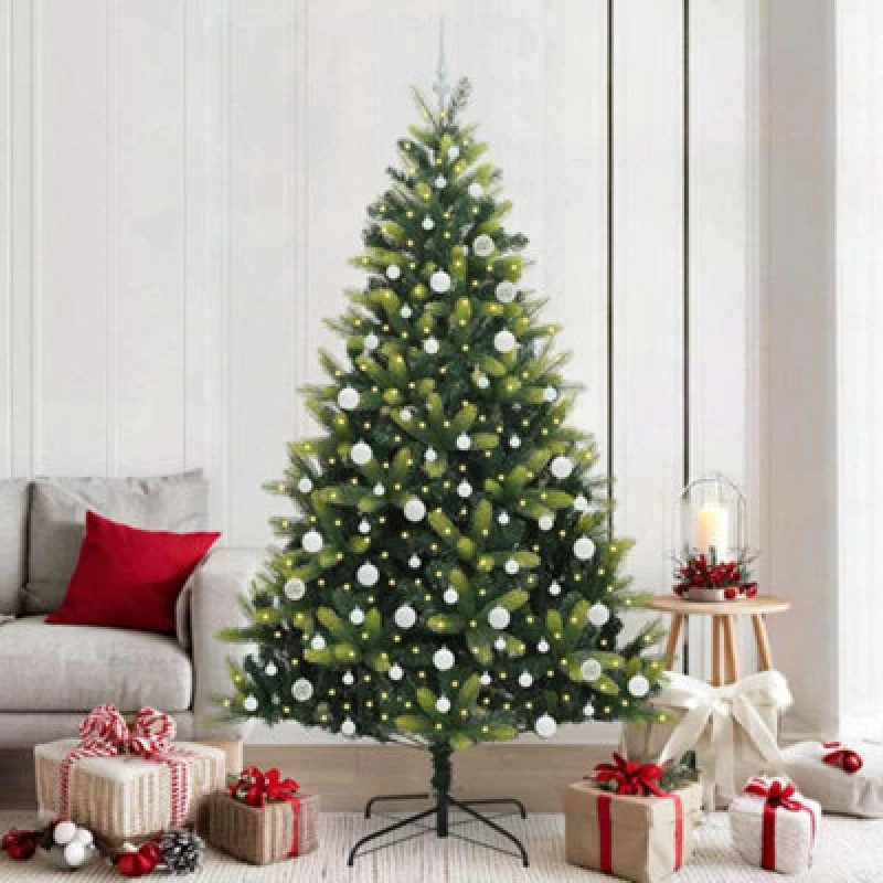 Image of vidaXL Artificial Hinged Christmas Tree 300 LEDs, White Balls Green 210 cm, Green 3396003