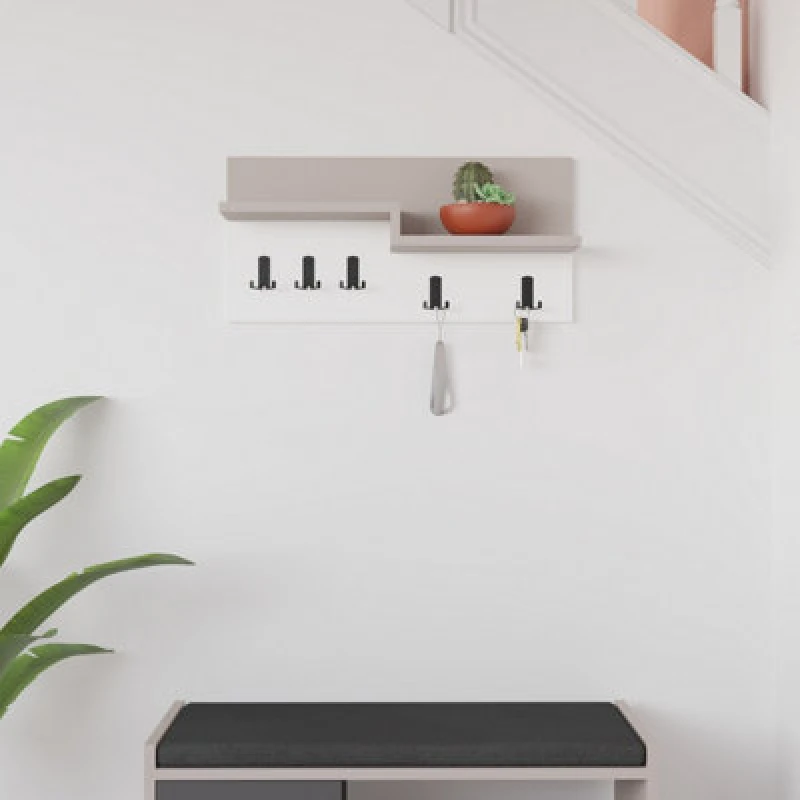 Image of Decortie Harmon Modern Wall Mounted Coat Hanger With Open Shelf Mocha Grey White 5 Black Metal Hooks