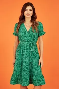Image of Green Animal Print Midi Wrap Dress With Ruffle Sleeves