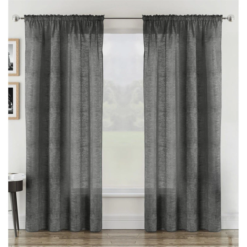 Image of Tyrone Textiles Rhodes Charcoal Linen-Look Sheer Voile Panels - Pair 140 X 137Cm (55X54")