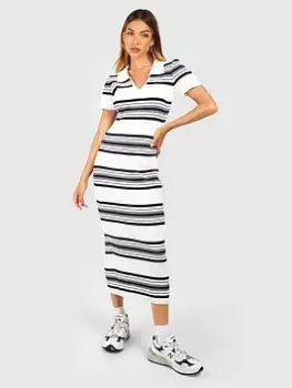 Image of Boohoo Pola Collar Rib Knitted Midaxi Dress - Cream, Size 14, Women