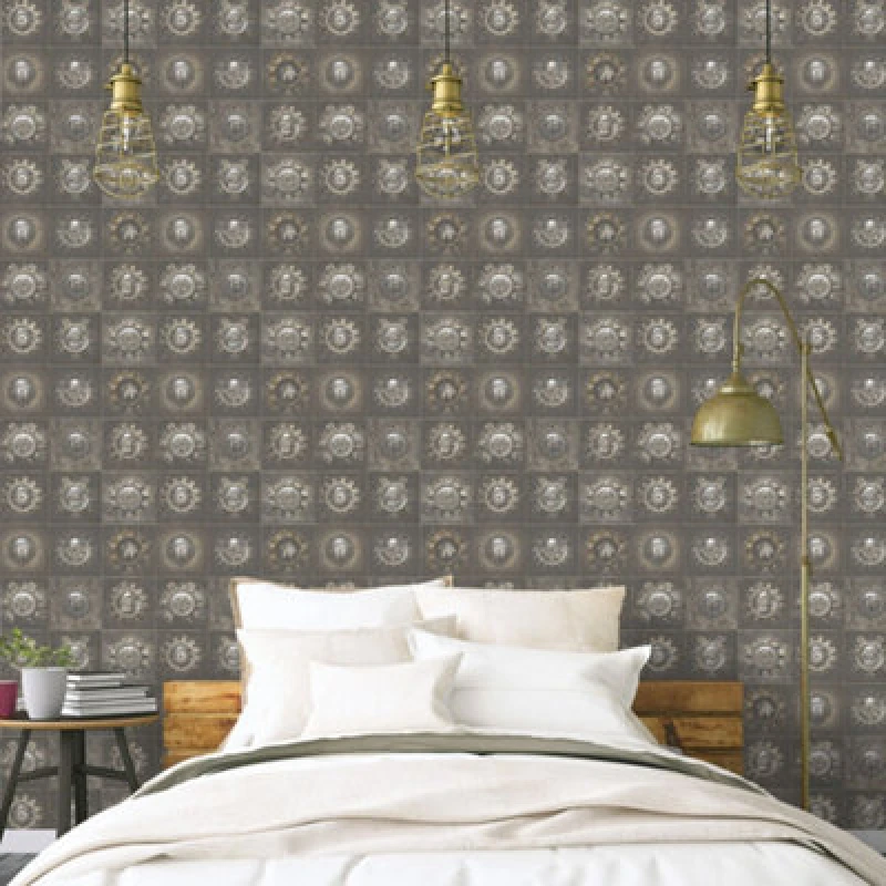 Image of Galerie Nostalgie Bronze Brown Industrial Tiles Smooth Wallpaper