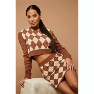 Image of I Saw It First Brown Co-Ord Argyle Jacquard Knitted Mini Skirt - Brown