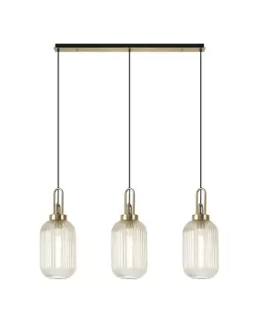 Image of Linear 3 Light Pendant E27 With 20cm Tubular Ribbed Glass, Champagne Brass Gold, Matt Black