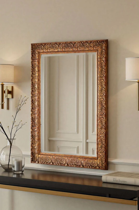 Image of Yearn Mirrors Yearn Mirrors Carved Framed Bevelled Mirror Gold 92.5x67cm Gold One Size Unisex 0716053062840