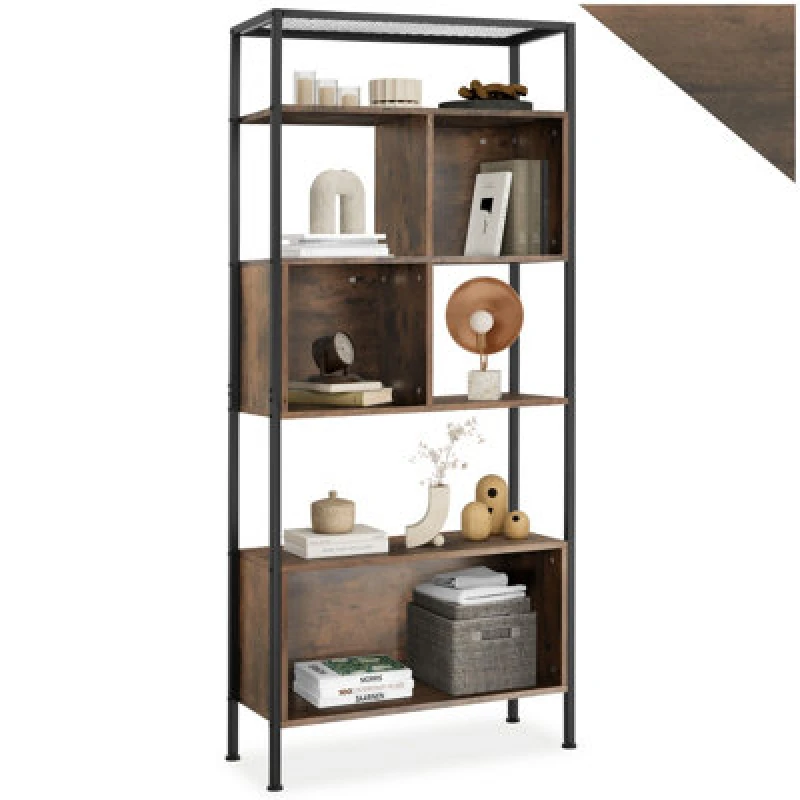 Image of Tectake Free Standing Shelf Hastings - With 5 Tiers & 3 Storage Compartments - Industrial Wood Dark, Rustic