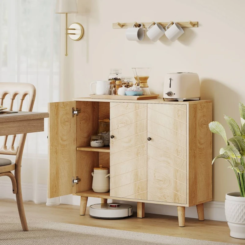 Image of HOMCOM Vintage Sideboard Cabinet with 3 Chevron Doors, Natural Wood Finish Size: Large Natural Unisex Large