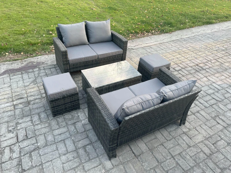 Image of Fimous Wicker Rattan Garden Furniture Sofa Set with Rectangular Coffee Table Double Seat Sofa 2 Small Footstool 6 Seater Outdoor Rattan Set Dark Grey