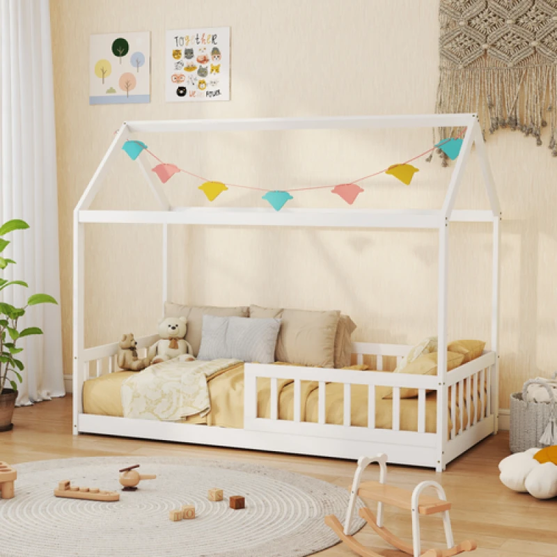 Image of HOMCOM HOMCOM House-Shaped Kids Bed Frame with Safety Fence for Boys Girls, White