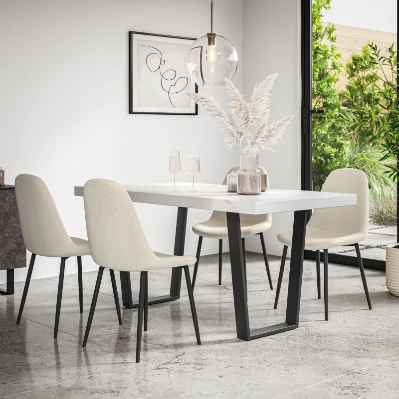 Image of More4Homes Aria Dining Table And Chairs - White Marble Effect Table Top W Black Legs + Maya Boucle Dining Chair Set Of 4 (Ivory White)