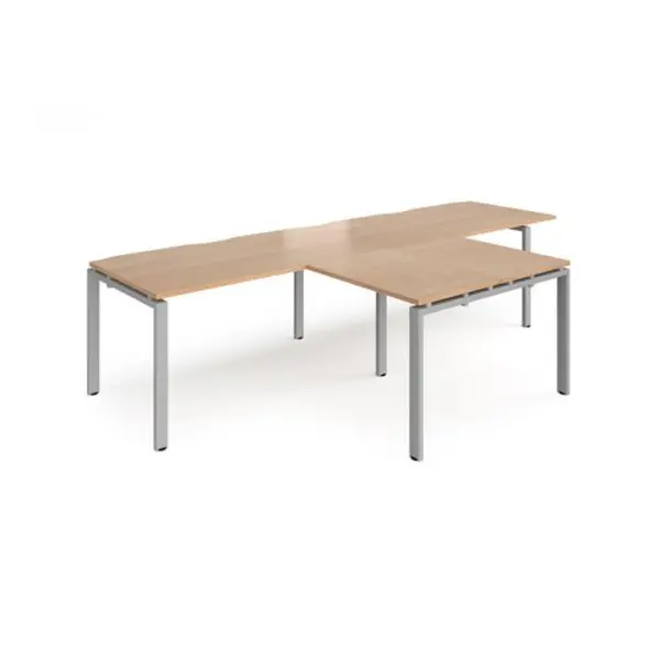 Image of Adapt Bench Desk 2 Person With Return Desks 3200mm Beech Tops With Silver Frames Adapt Beech ER3288-S-B