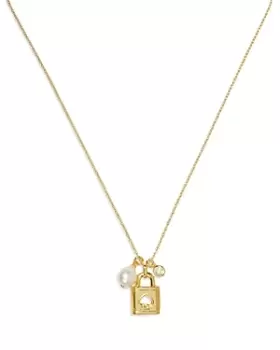 Image of kate spade new york Lock And Spade Cubic Zirconia, Freshwater Pearl & Padlock Charm Mini Pendant Necklace in Gold Tone, 16-19