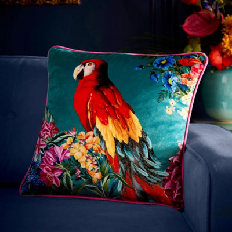 Image of Laurence Llewelyn-Bowen 'Polly Amorous' Parrot & Floral Print Soft Touch Velvet Filled Cushion Teal