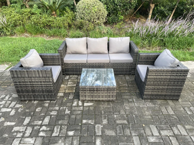 Image of Fimous Outdoor Lounge Sofa Set Wicker PE Rattan Garden Furniture Set with Armchair Squar Coffee Table Dark Grey Mixed Dark Grey