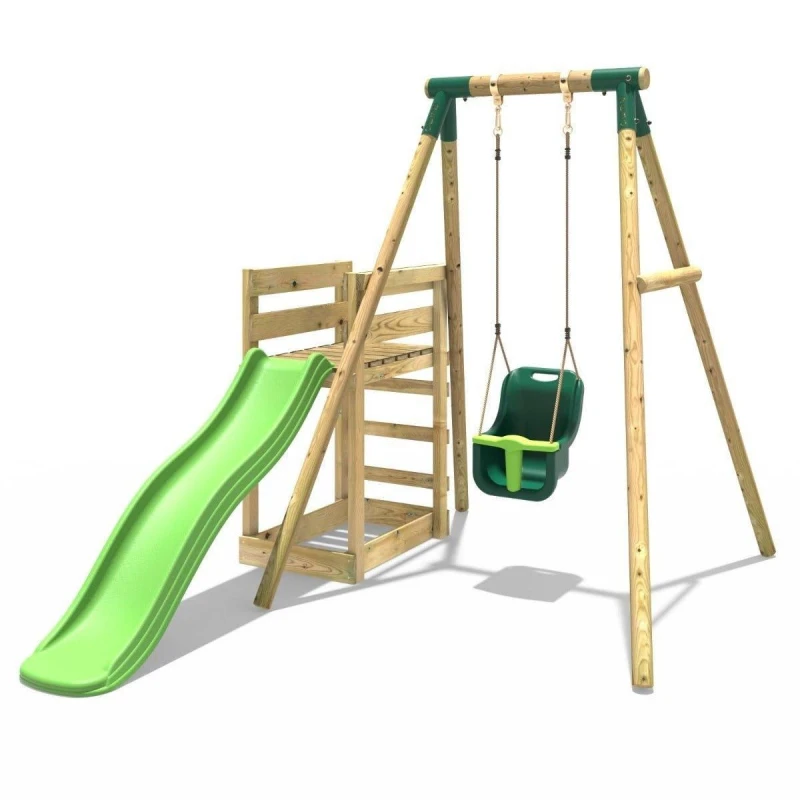 Image of Rebo Wooden Single Swing Set with Baby Seat and Slide - Pluto Green Green