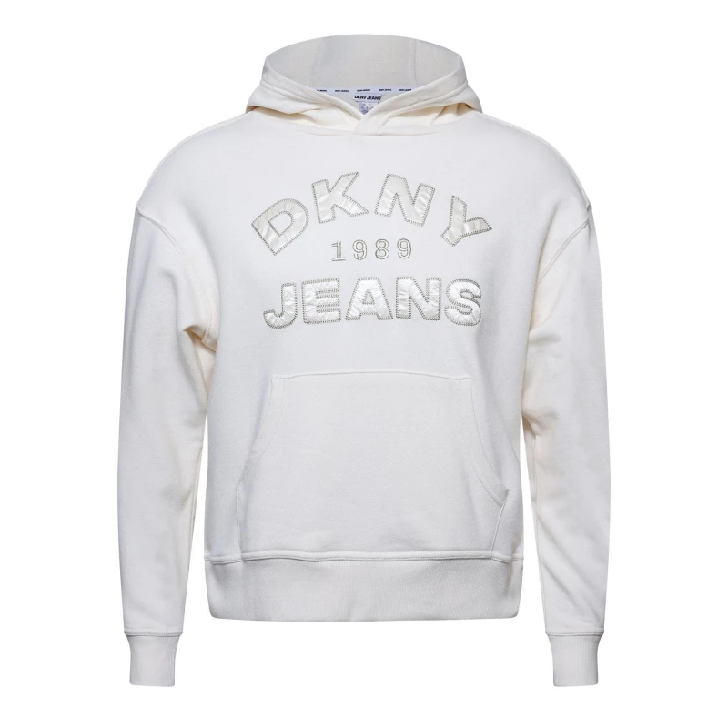 Image of DKNY Jeans Satin Applique Chainstitch Logo Hoodie Beige female M