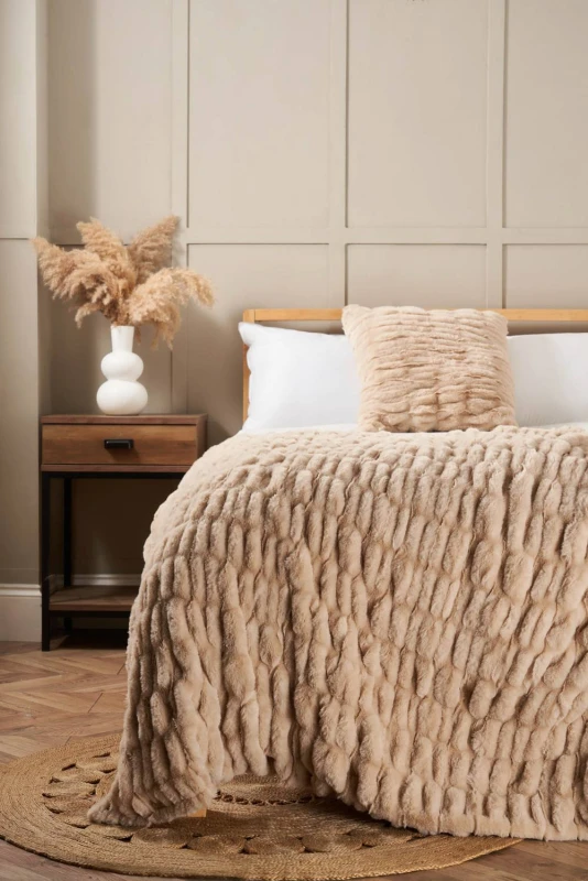 Image of BHS Ruched Faux Fur Throw in Beige Beige Unisex