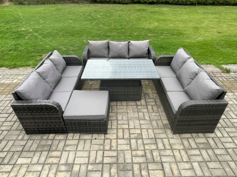 Image of Fimous Patio Garden Dining Set Outdoor Rattan Furniture Lounge Sofa Height Adjustable Table With Big Footstool Dark Grey